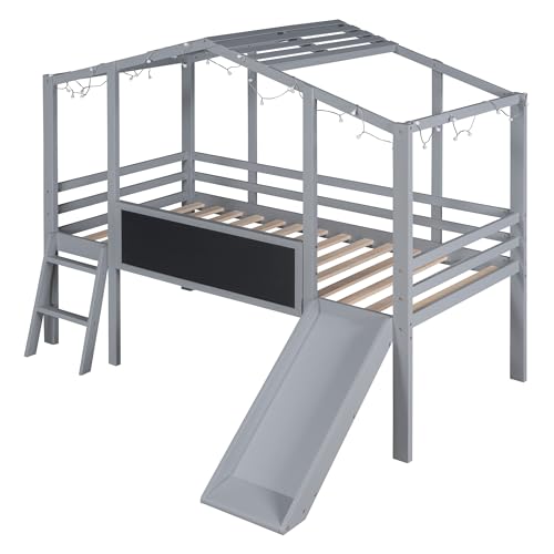 White Twin Low Loft Bed with Slide and Storage Shelves A880