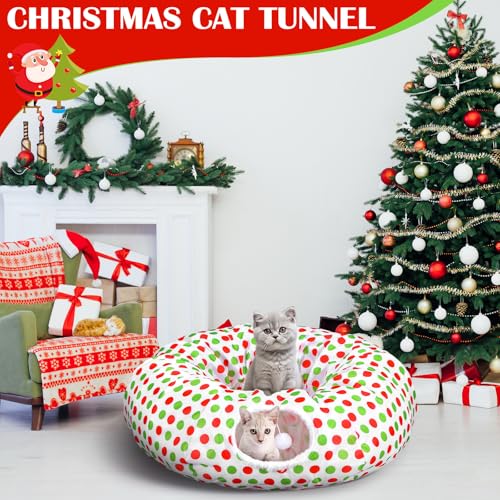 3ft x 3ft Red and Green Cat Tunnel Christmas Tree Skirt with Washable Cushion I1993