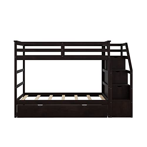 Twin-Over-Twin Wood Bunk Bed with Trundle and Storage Stairs (White) Y46337