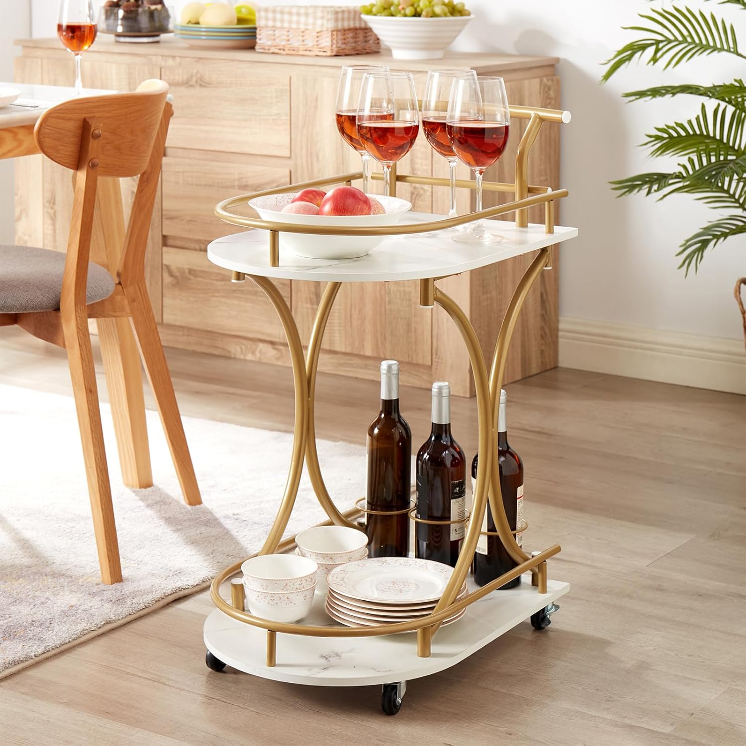 Gold 2-Tier Bar Cart with Wine Rack and Glass Holder Y521738