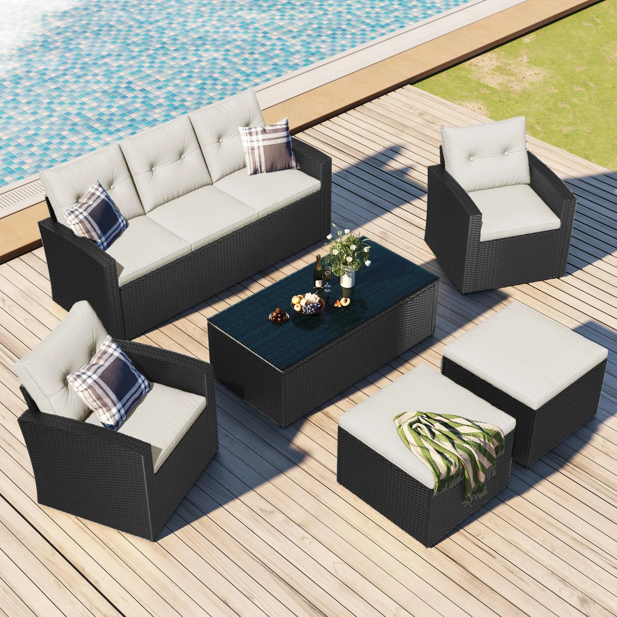 6-piece All-Weather Wicker PE Rattan Patio Outdoor Dining Conversation Sectional Set with Coffee Table, Wicker Sofas, Ottomans, Removable Cushions I514