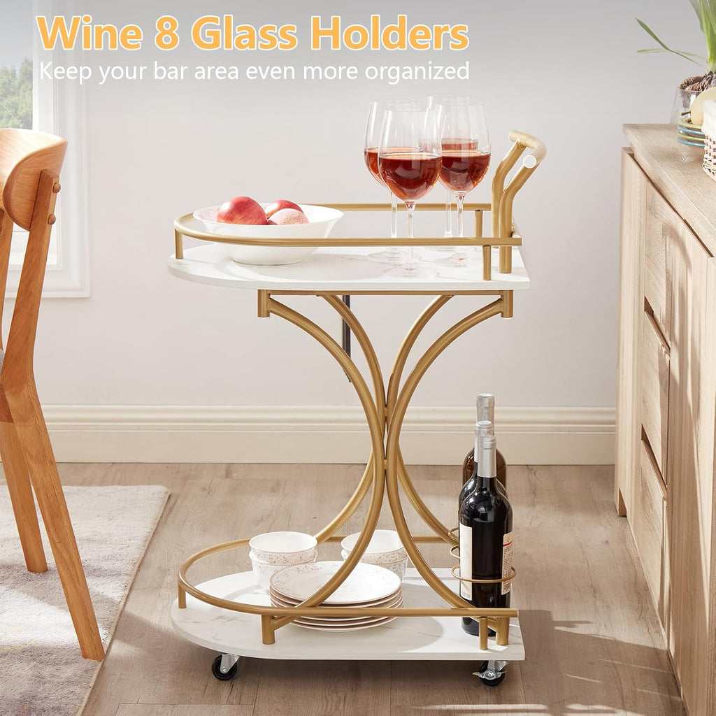 Gold 2-Tier Bar Cart with Wine Rack and Glass Holder Y521738