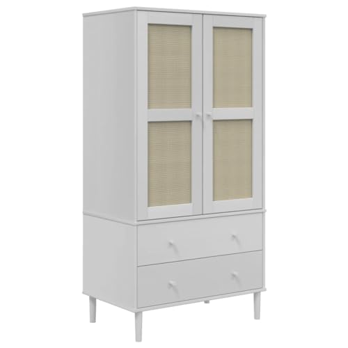 White Solid Pine Wood Wardrobe with Rattan Look Design N5729