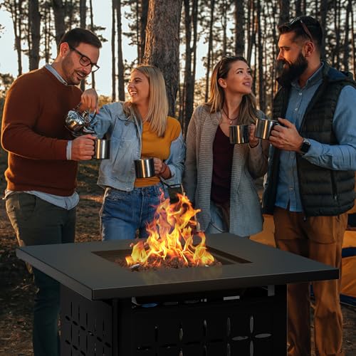 Black 28 Inch Steel Propane Fire Pit with Lid and Lava Rock K72591