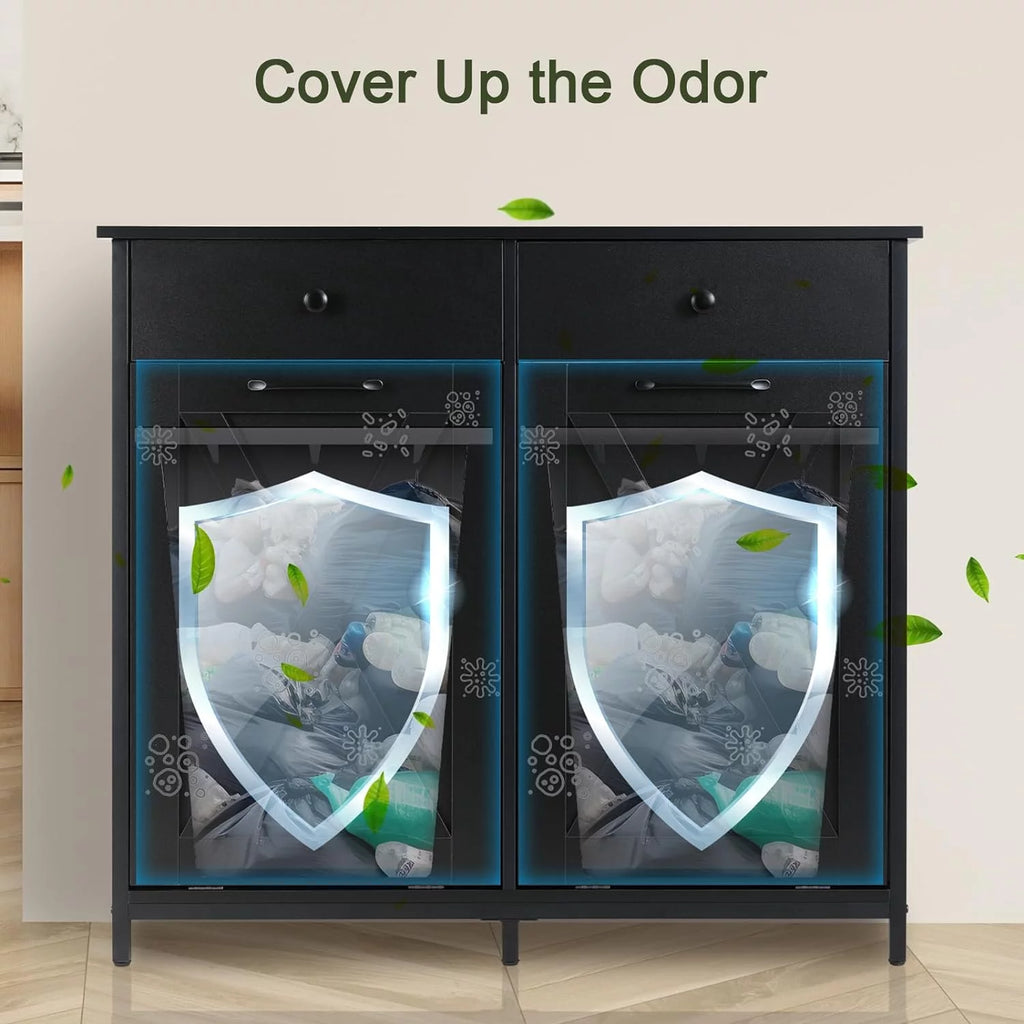 Double Tilt Out Trash Cabinet Freestanding Recycling Cabinet Garbage Can Holder with Drawers A657444