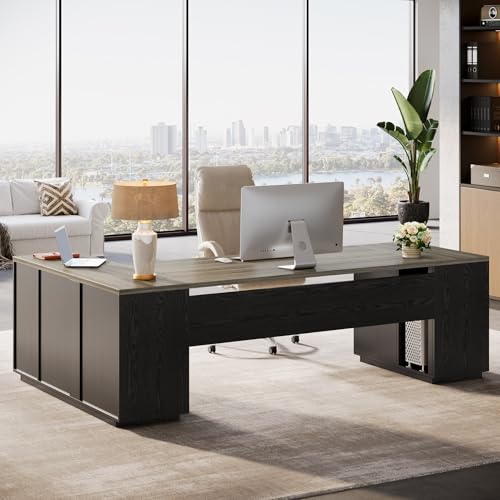 85.8-Inch L-Shaped Executive Desk with File Drawers, Door Cabinet & Shelves, White & Brown Y890