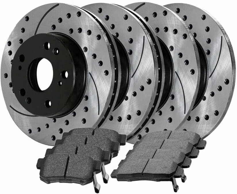 8pcs Ceramic Brake Pad Sets 4pcs Drilled and Slotted Rotors Kit Black W389330