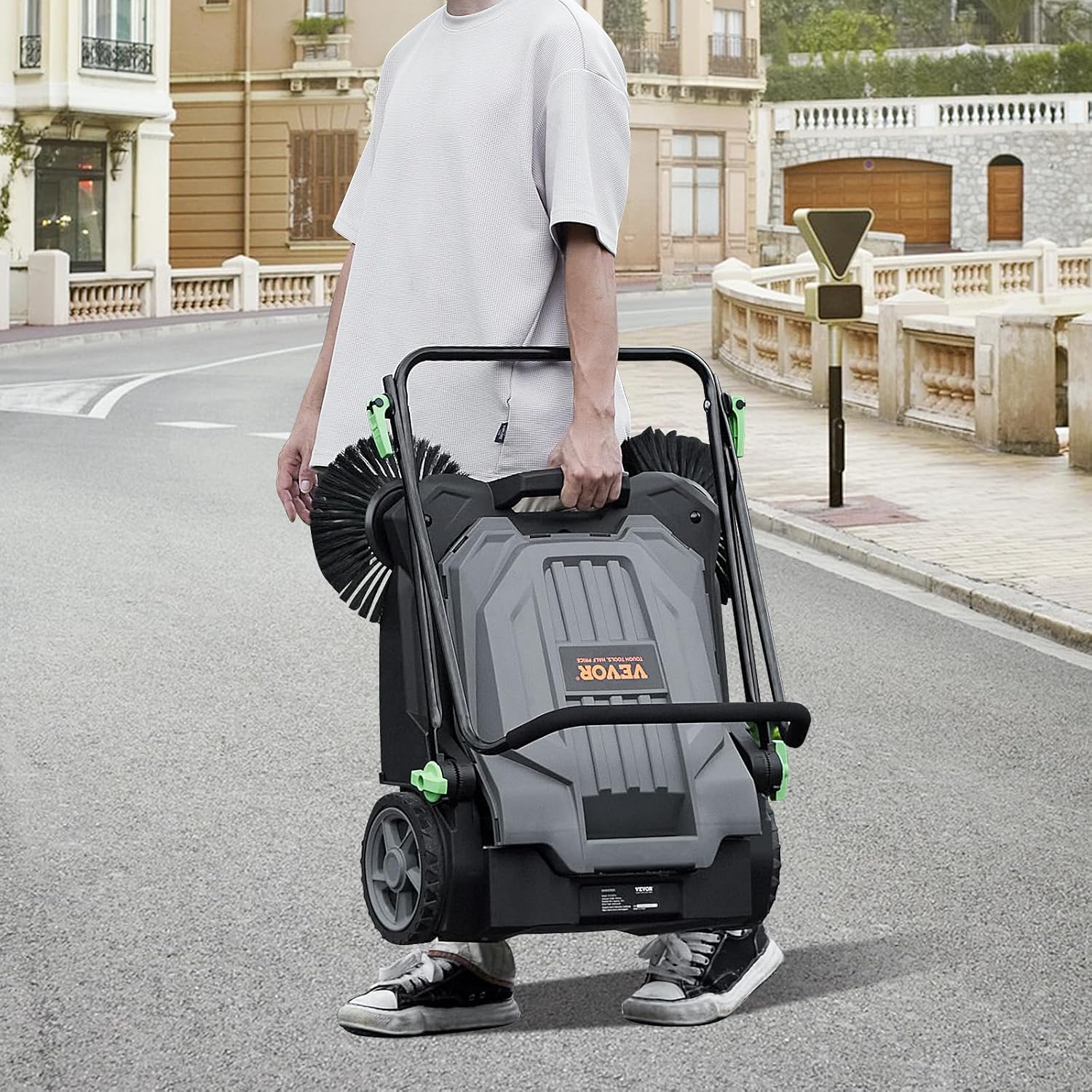 25.6" Sweeping Width Manual Non-Electric Floor Sweeper with 5-Gallon Waste Container X520