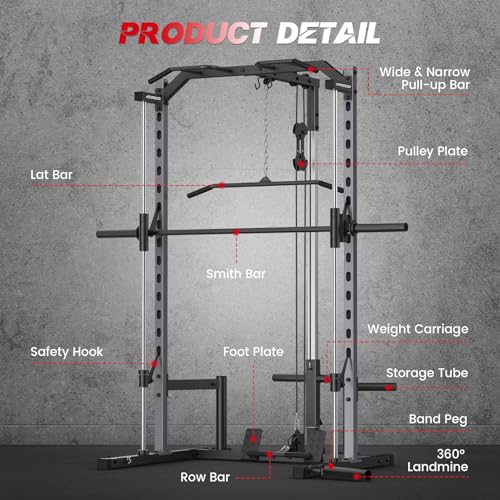 Smith Machine with LAT-Pull Down, Power Cage with Cable Crossover, Squat Rack with Landmine, Barbell Bar, Plate Storage Pegs J671420