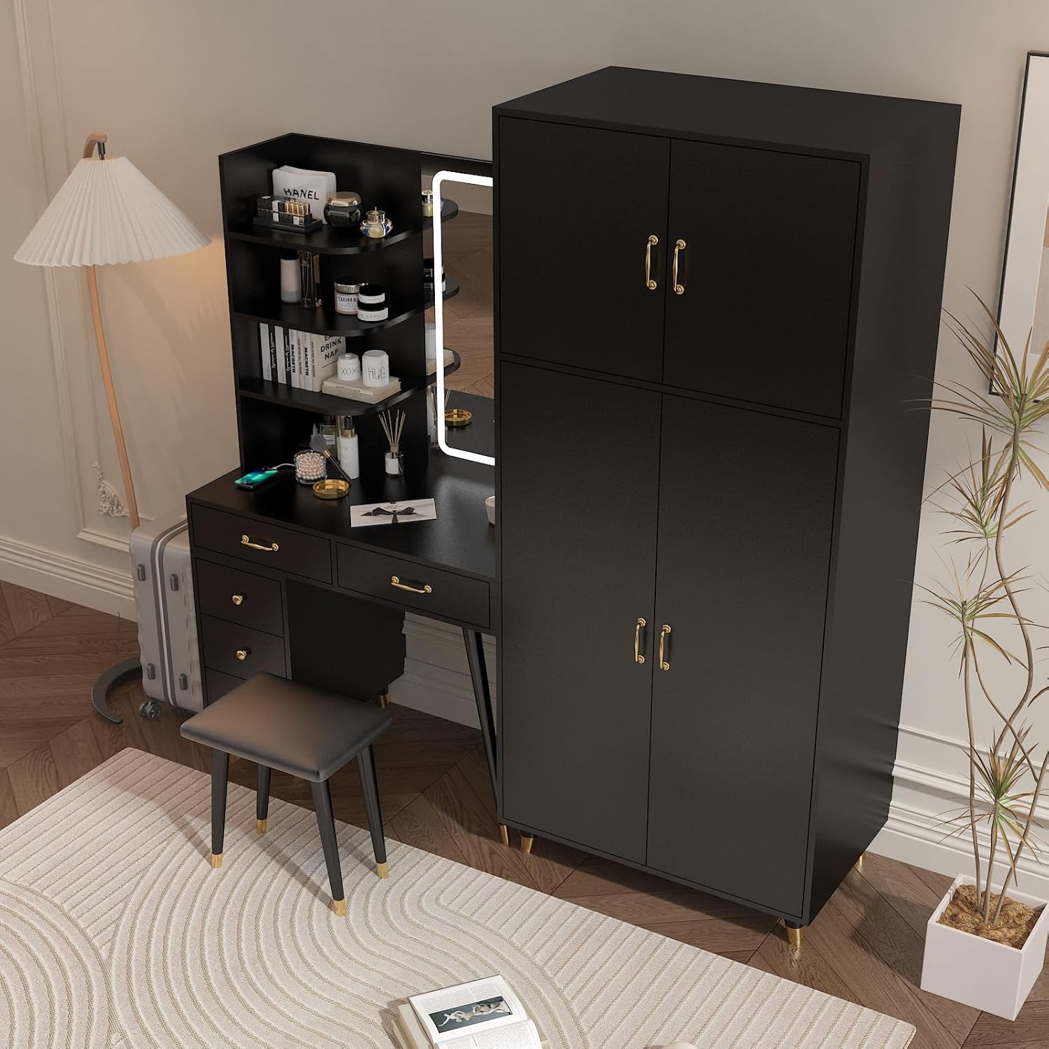 Black Vanity Desk with 4 Door Closet, Lights Mirror, Stool Set, Storage Cabinet 170 x 50 x 185CM M460819