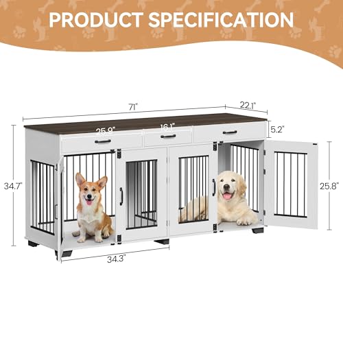 White Wooden Double Dog Crate with 3 Drawers T601938