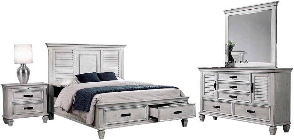 Queen Bed 4-Piece Set, Distressed White K73077