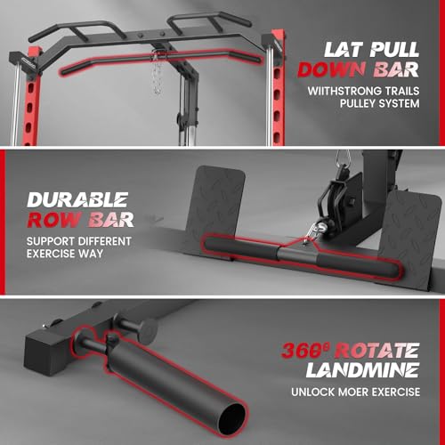 Smith Machine with LAT-Pull Down, Power Cage with Cable Crossover, Squat Rack with Landmine, Barbell Bar, Plate Storage Pegs J671420