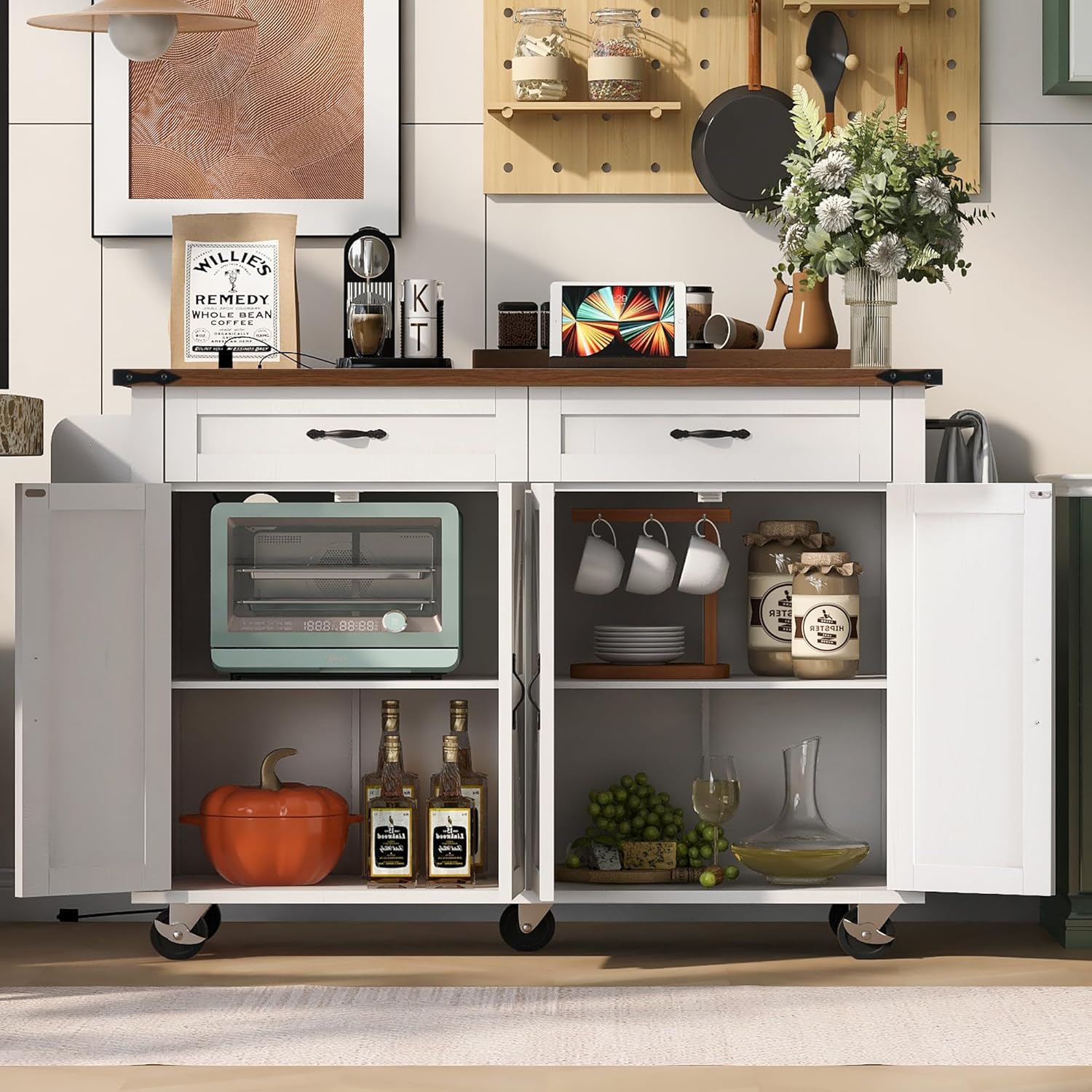 White Kitchen Island with Power Outlet and Drop Leaf Q981383