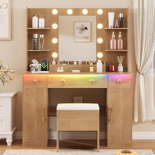 White Vanity Desk with Mirror and Lights, 3 Drawers and Cabinets E10663