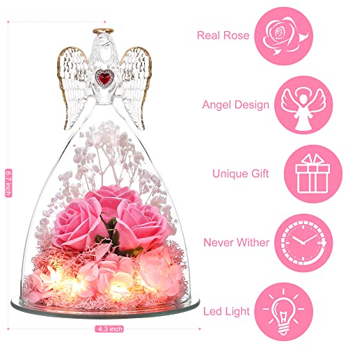 Preserved Flower Three Real Roses in Glass Angel Figurines Pink Z69157