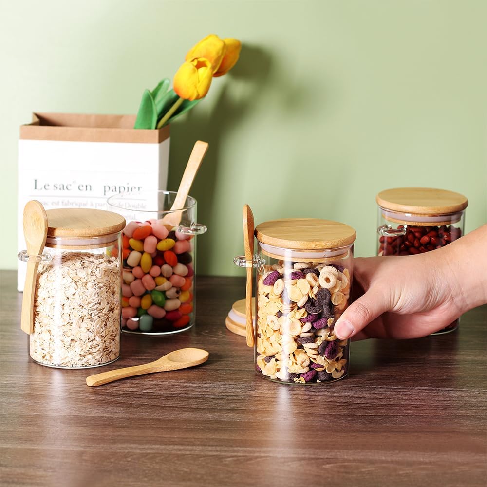 17 OZ Glass Containers with Bamboo Lids and Wooden Spoons (6 Pack) N4891