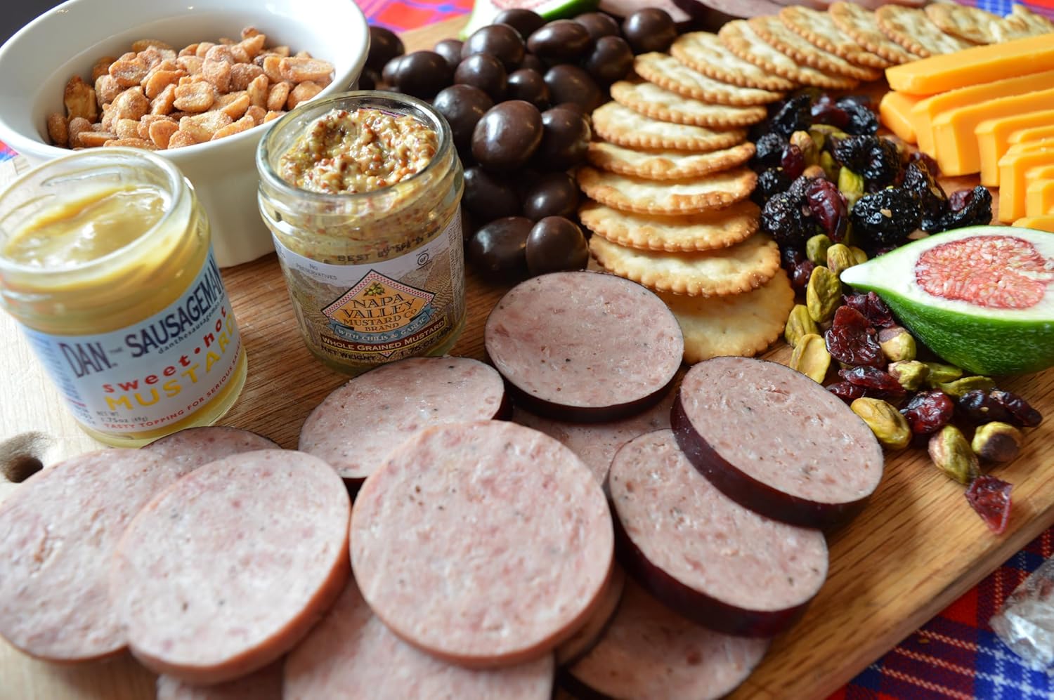 Handpicked Meats Cheese Gift Basket Collection Featuring Summer Sausage, Mustard Variety, Crackers, and Chocolate Cherries H644531