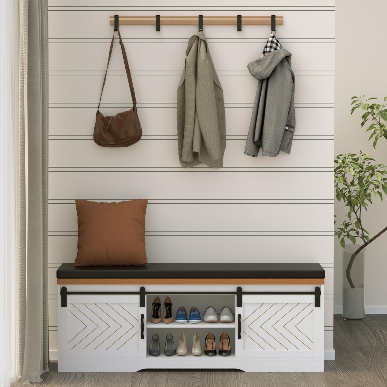 Shoe Storage Bench with Padded Seat Cushion and Sliding Barn Doors Q725