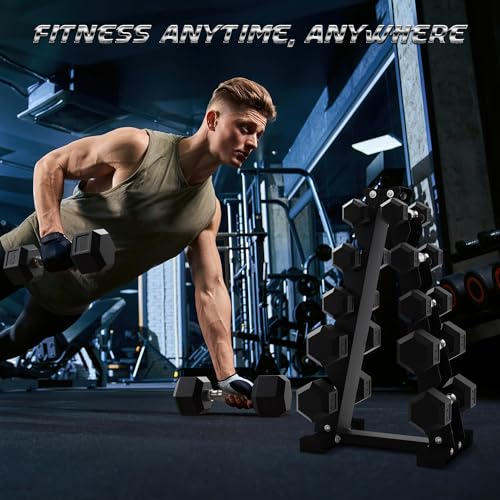 Rubber Coated Hex Dumbbell Set with Storage Rack B843