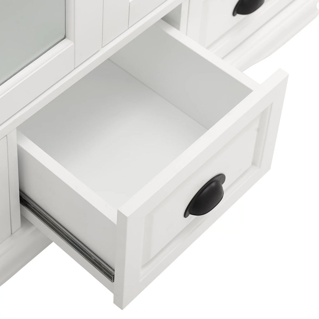 White Storage Cabinet with Tempered Glass Doors and Triple Drawers R9068