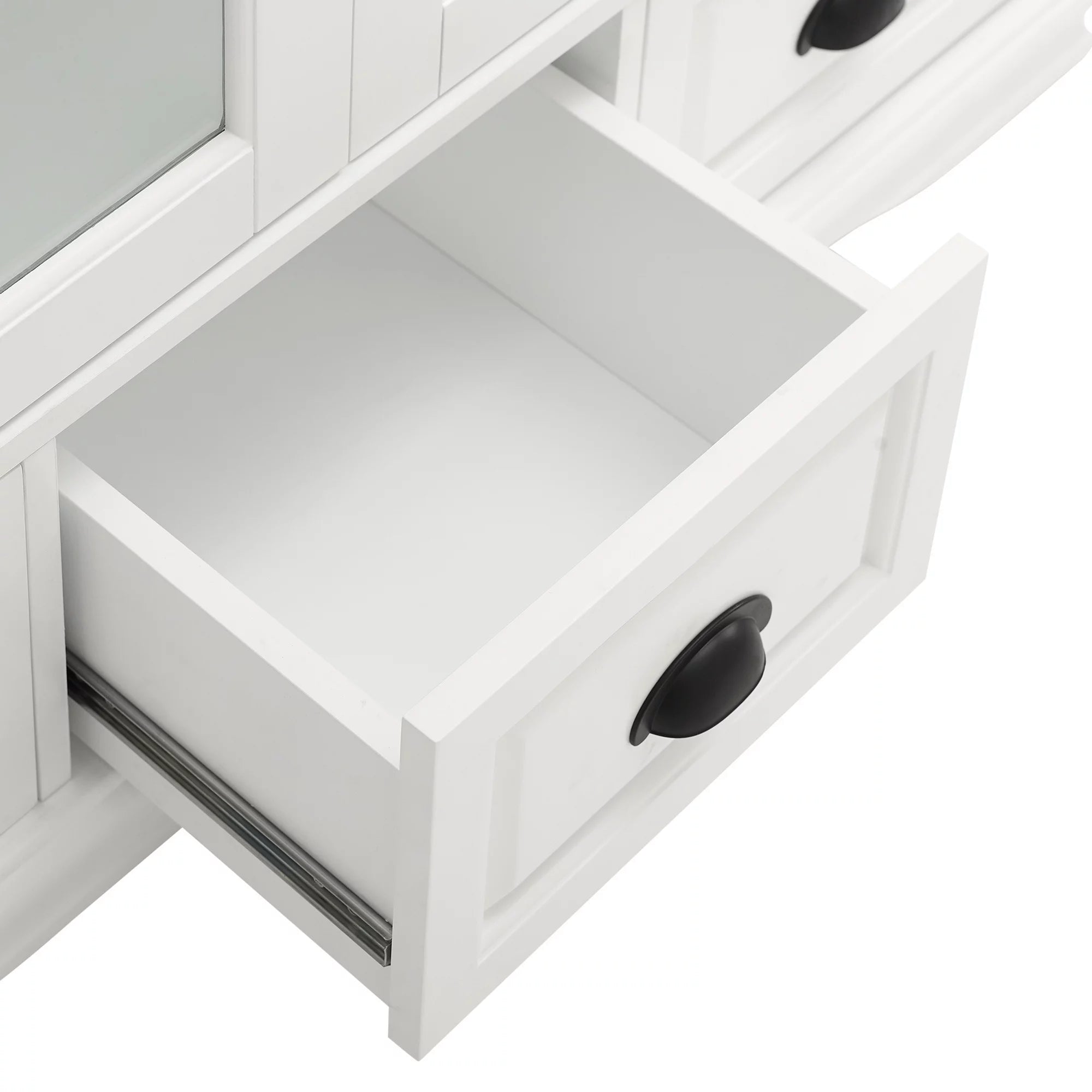 White Storage Cabinet with Tempered Glass Doors and Triple Drawers R9068