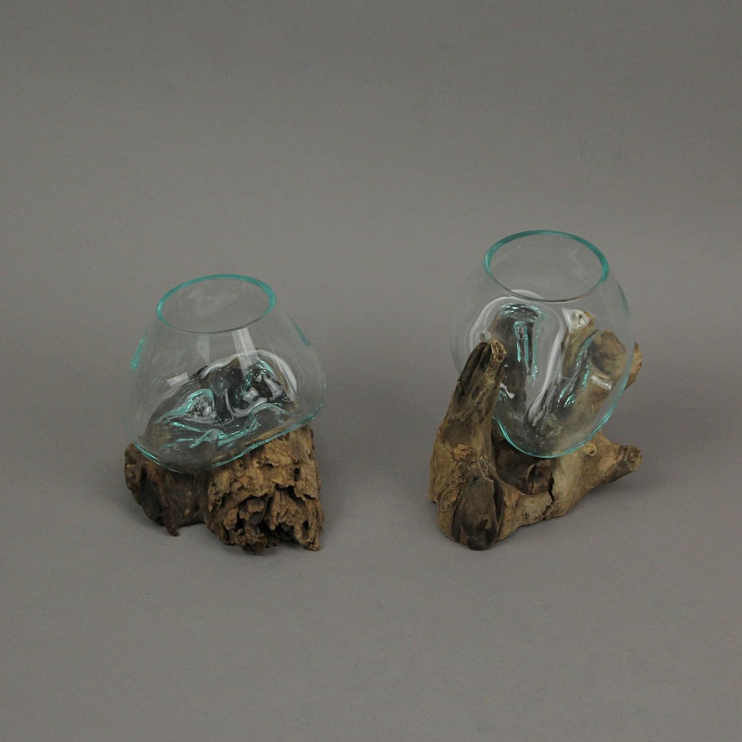 Set of 2 Glass and Teak Driftwood Decorative Bowls P177923