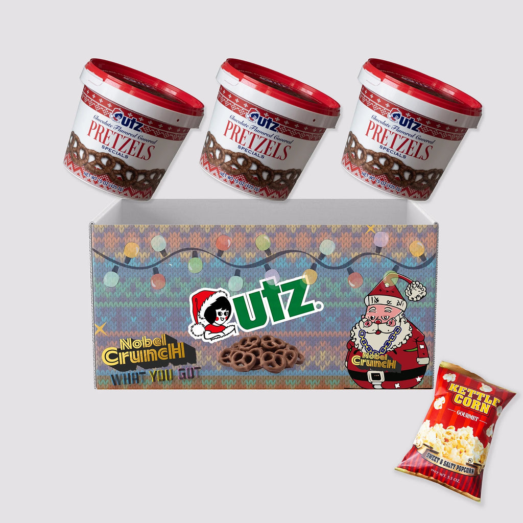 Chocolate Flavored Covered Holiday Pretzels (3, 15oz barrels) - Sweet and Salty Kettle Popcorn (1, 5.5oz) - 4 Items Total V481948