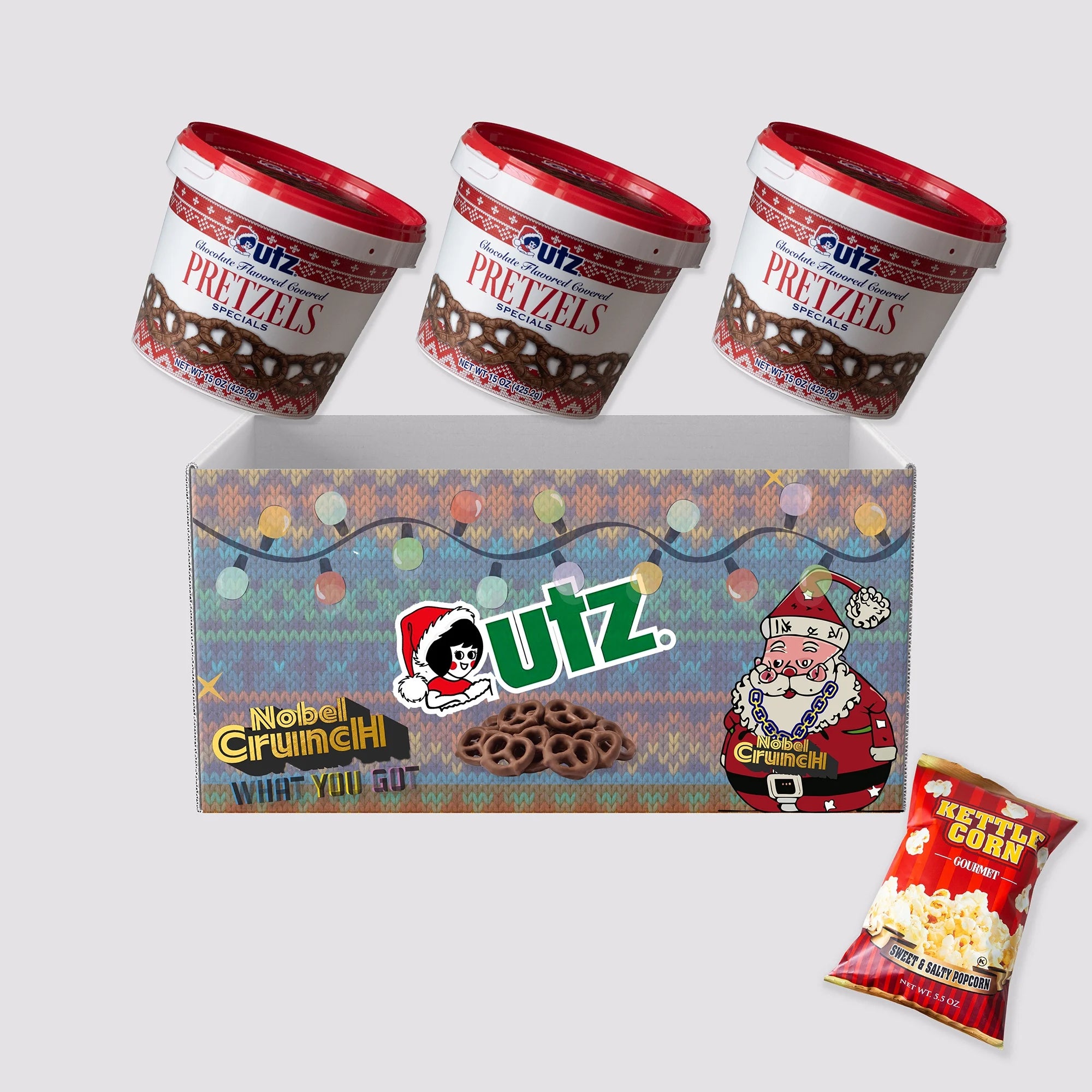 Chocolate Flavored Covered Holiday Pretzels (3, 15oz barrels) - Sweet and Salty Kettle Popcorn (1, 5.5oz) - 4 Items Total V481948