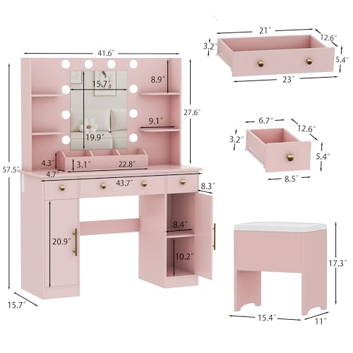 White Vanity Desk with Mirror and Lights, 3 Drawers and Cabinets E10663
