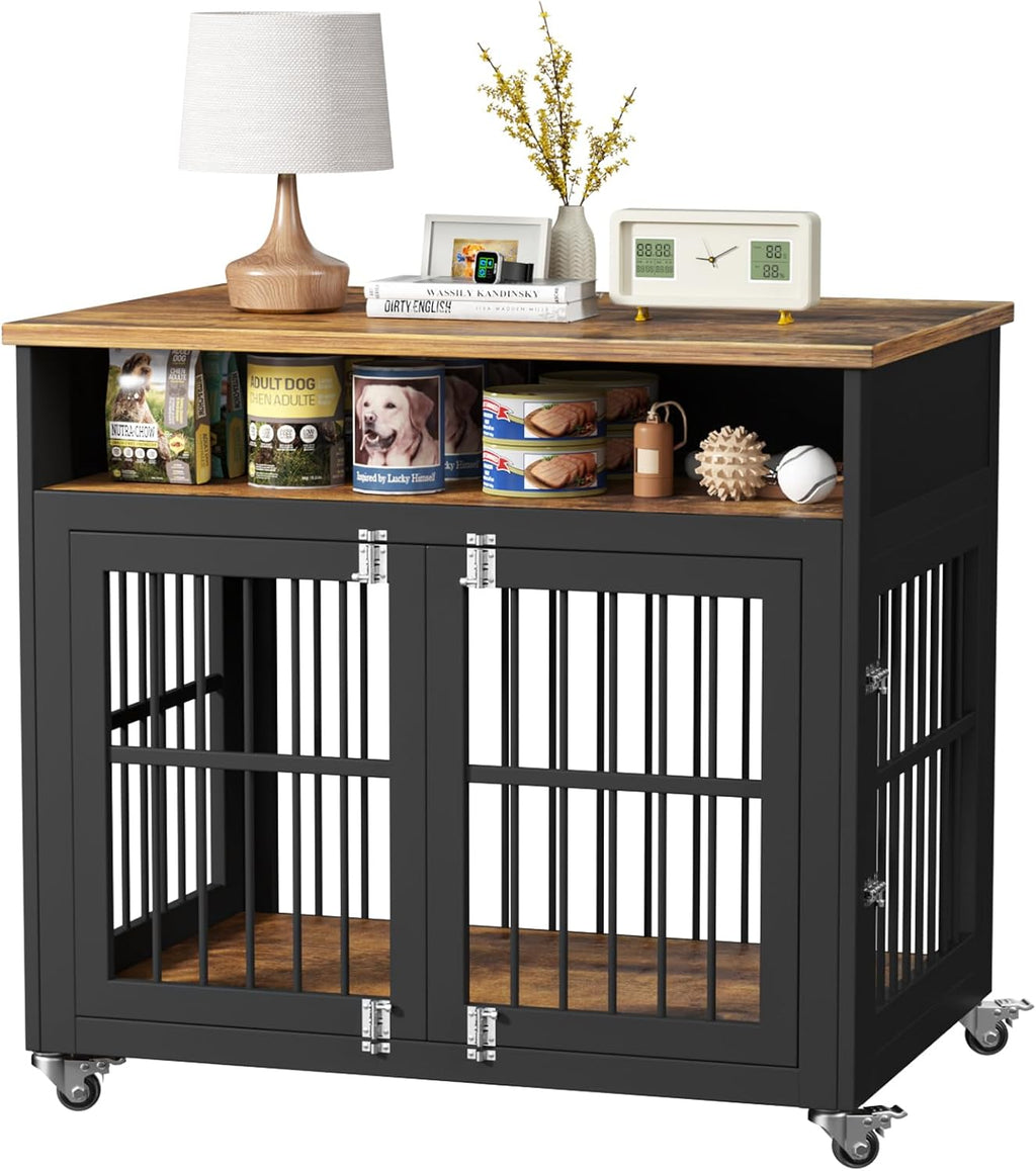 Brown Wooden Dog Crate with Wheels H910