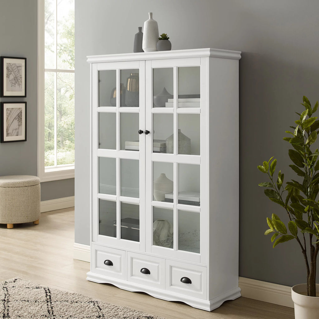 White Storage Cabinet with Tempered Glass Doors and Triple Drawers R9068