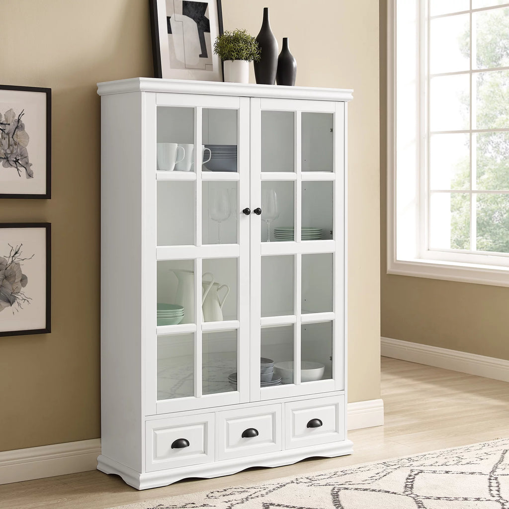 White Storage Cabinet with Tempered Glass Doors and Triple Drawers R9068