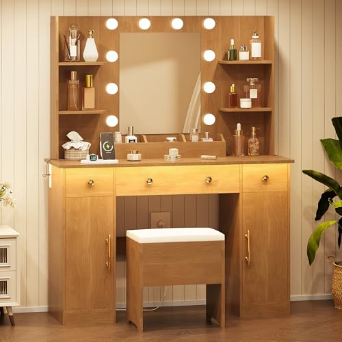 White Vanity Desk with Mirror and Lights, 3 Drawers and Cabinets E10663