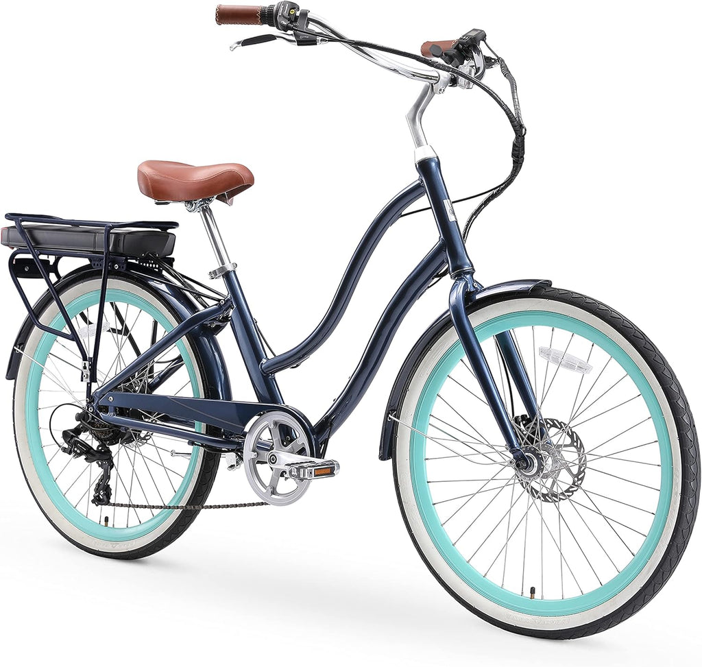 7-Speed Step Through Electric Beach Cruiser Bike, 250 Watt Motor, 26 Inch Wheels, Navy C20403