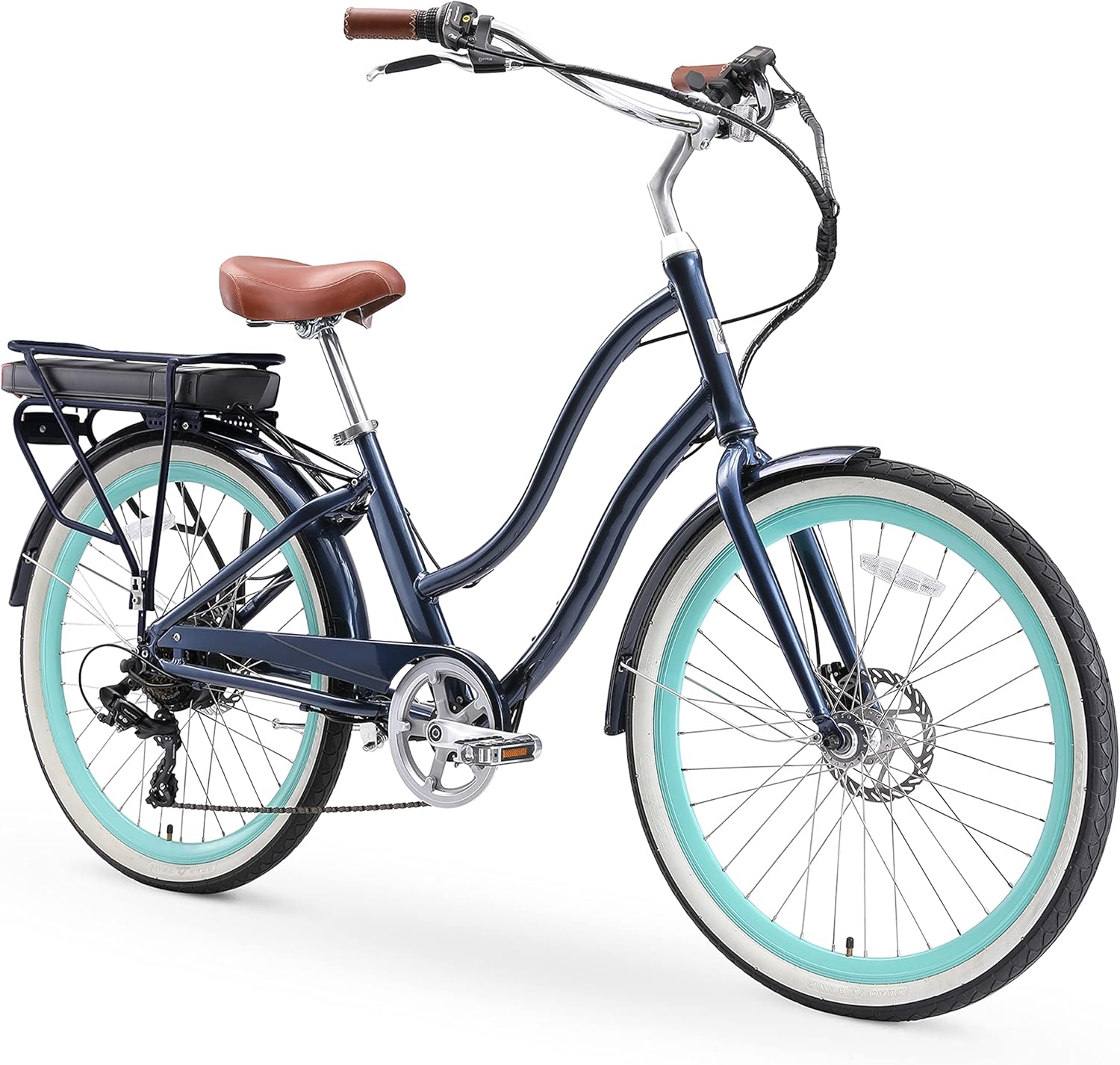 7-Speed Step Through Electric Beach Cruiser Bike, 250 Watt Motor, 26 Inch Wheels, Navy C20403