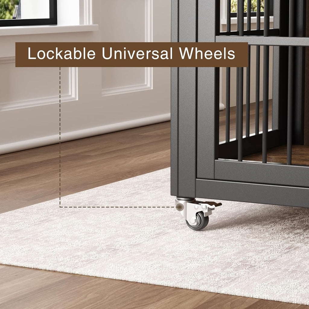 Brown Wooden Dog Crate with Wheels H910