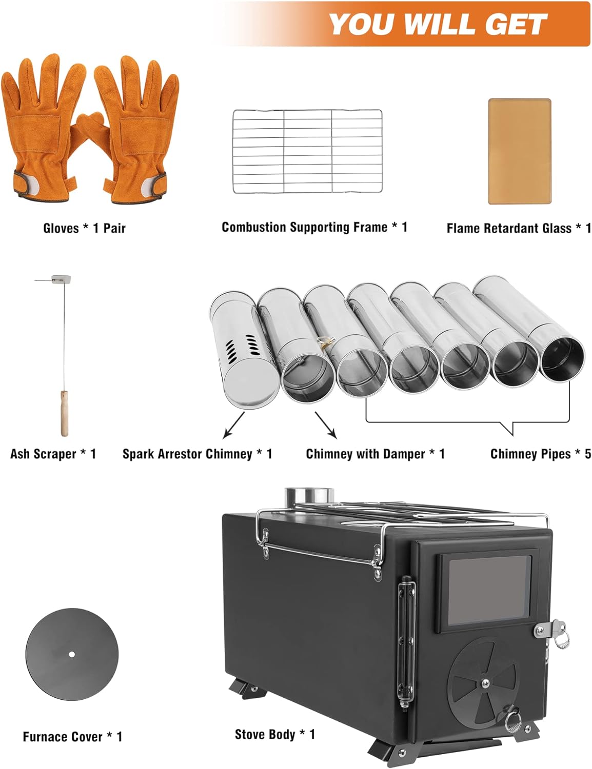 Portable Wood Burning Stove with Chimney Pipes A53595