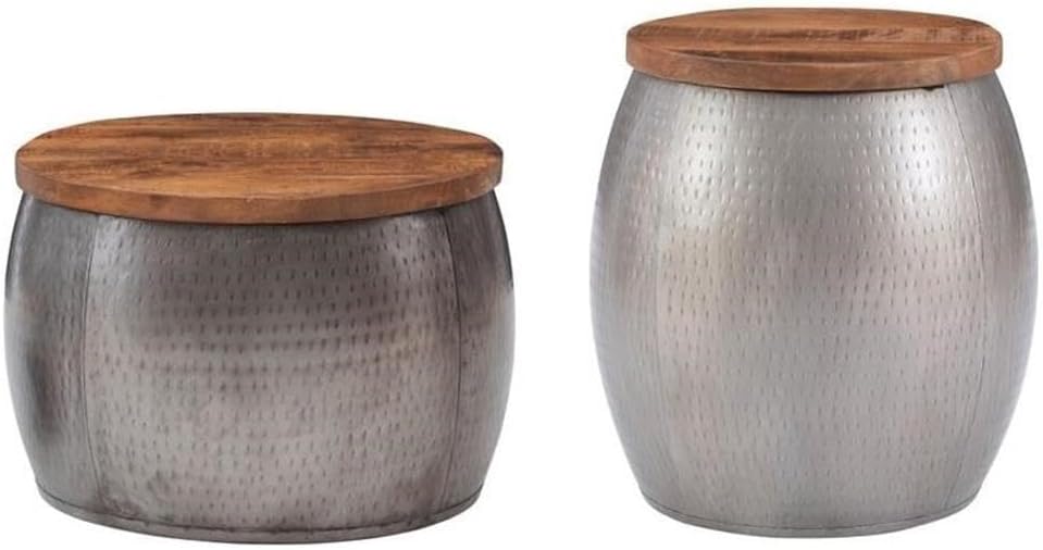 2-Piece Metal Drum Table and Side Table in Silver I999325