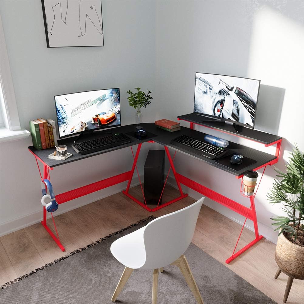 55 inch L-Shaped RGB Gaming Computer Desk with Large Elevated Ergonomic Shelf Carbon Black R5077