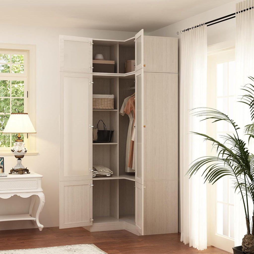 L-Shape Armoire Wardrobe Closet with Frosted Glass Doors, Wooden Storage Cabinet, Warm Grey T792895