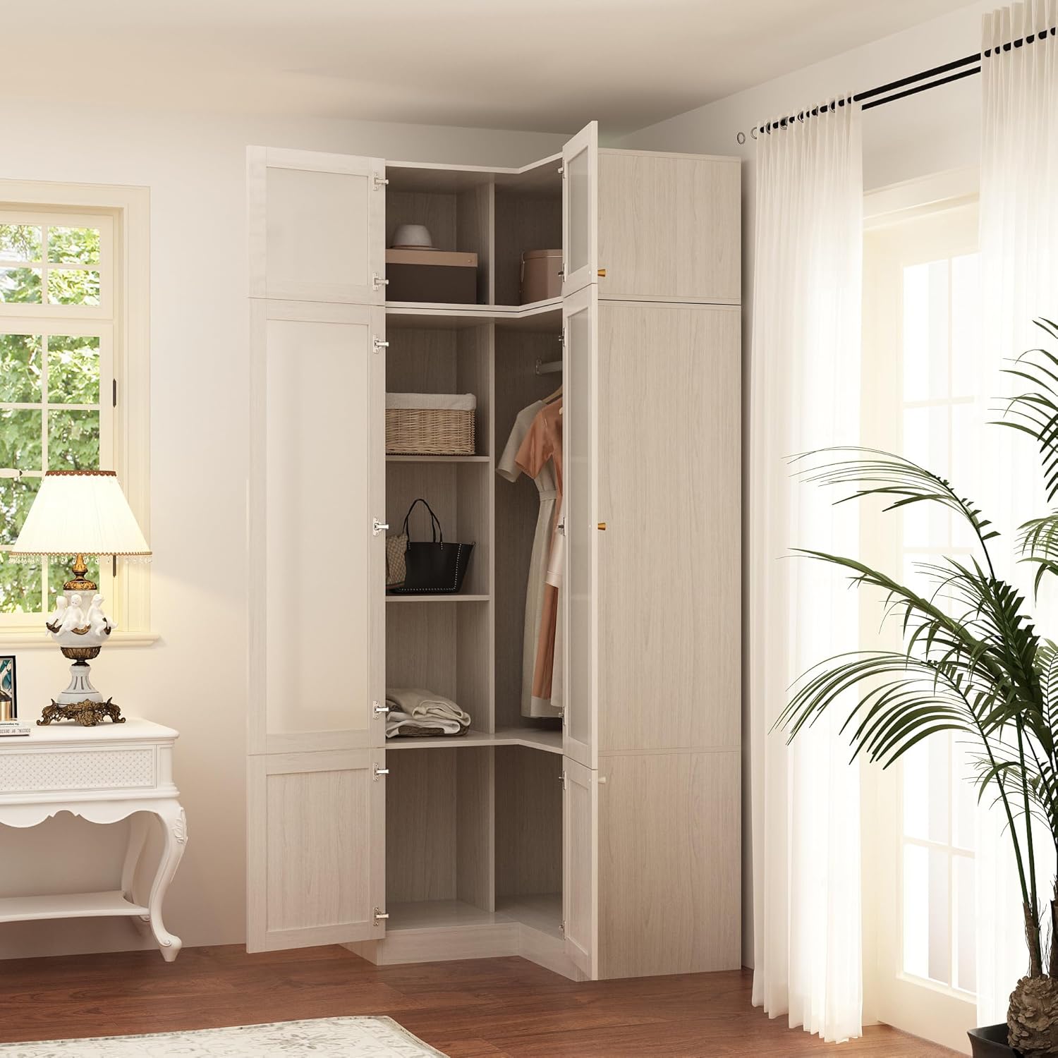 L-Shape Armoire Wardrobe Closet with Frosted Glass Doors, Wooden Storage Cabinet, Warm Grey T792895