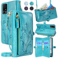 Floral Dark Purple Leather Flip Cover Phone Case with Card Holder Zipper Wrist Strap Q6328