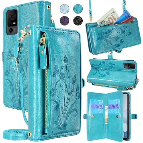 Floral Dark Purple Leather Flip Cover Phone Case with Card Holder Zipper Wrist Strap Q6328