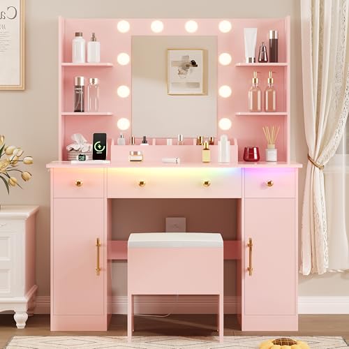 White Vanity Desk with Mirror and Lights, 3 Drawers and Cabinets E10663
