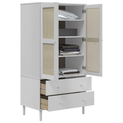 White Solid Pine Wood Wardrobe with Rattan Look Design N5729