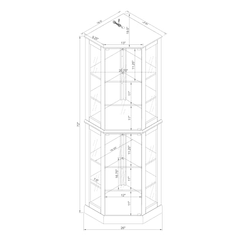 Lighted Corner Display Curio Cabinet 6-Shelf Wooden Display Cabinet with Adjustable Shelves 72" Tall Glass Shelving Unit Walnut W360164
