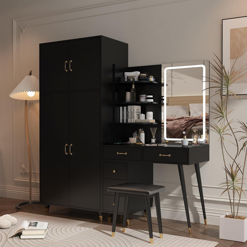 Black Vanity Desk with 4 Door Closet, Lights Mirror, Stool Set, Storage Cabinet 170 x 50 x 185CM M460819