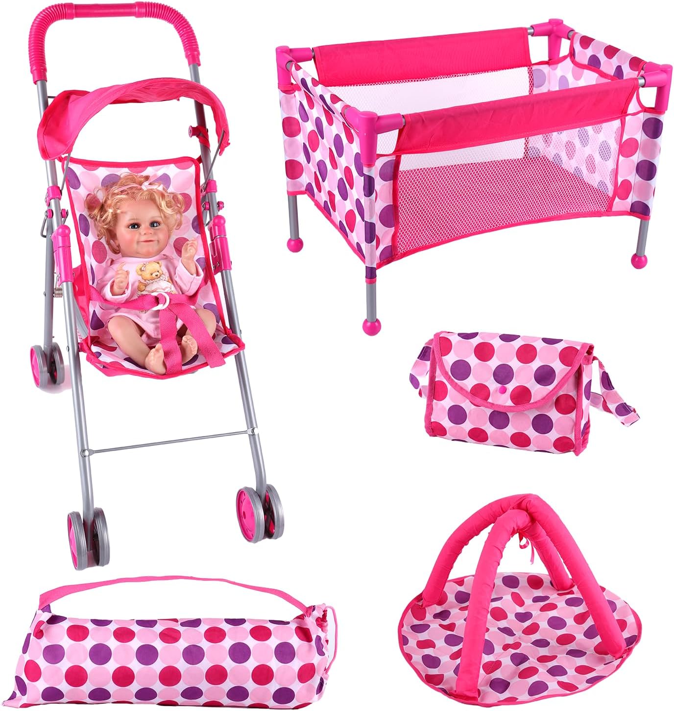 5 Pcs Reborn Baby Doll Accessories Play Set with Baby Doll Stroller, Baby Doll Crib, Play Mat, Diaper Bag, Activity Mat P2409