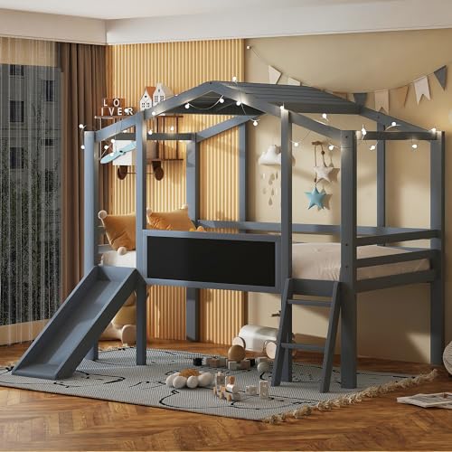 White Twin Low Loft Bed with Slide and Storage Shelves A880